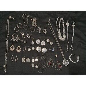 Silver Tone Jewelry Mixed Lot of 29 Pieces Necklaces Earrings Bracelet Charm